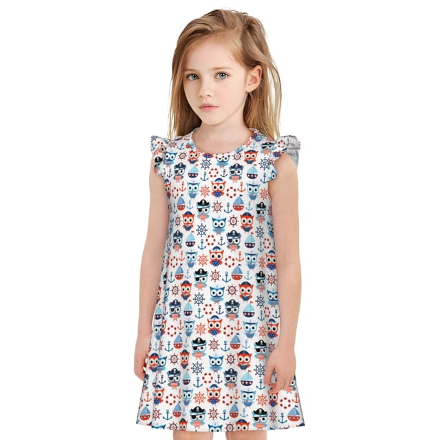 Balery Nautical And Pirate Owls Camisón de princesa para niñas, pijama de algodón con mangas abullonadas, suave y bonito.-Small