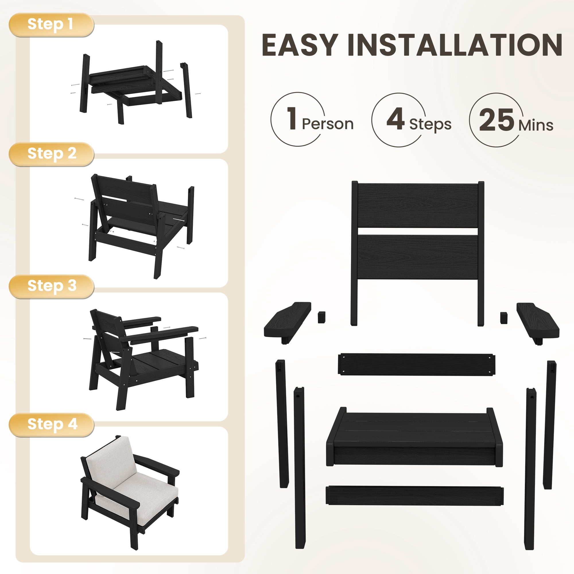SERWALL 2PCS Outdoor HDPE Patio Couch Sets with Cushions, Weather-Resistant Patio Furniture for Poolside, Patio, Balcony, Porch & Backyard, Black / Khaki