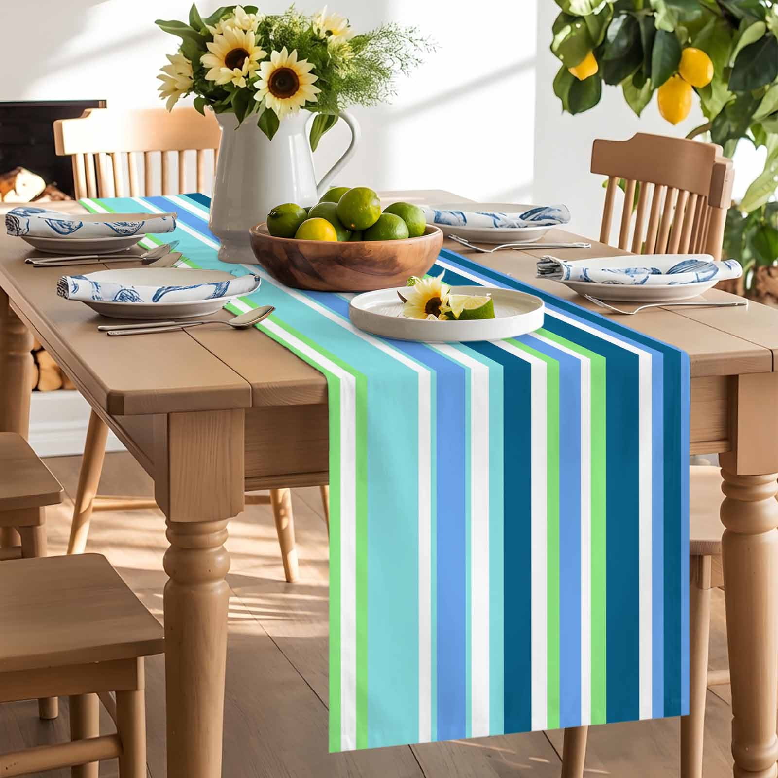 Blue Gradient Colorful Stripe Table Runner 90 Inches Long, Classic Line Table Runners Tabletop Scarf Kitchen Dining Tables Decoration for Home Party Indoor Outdoor
