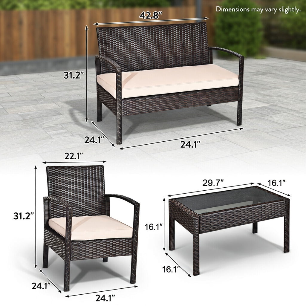Hommoo 4-Piece Outdoor Rattan Patio Conversation Set, Double Loveseat, 2 Single Sofas & Glass-Top Coffee Table, All-Weather PE Wicker with Steel Frame, Black