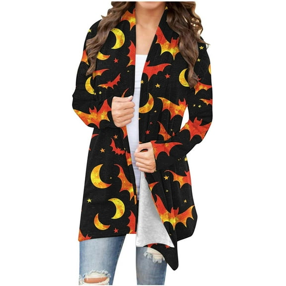 Enjoytime Cardigan for Women Halloween Printed Long Sleeved Cardigans V Neck Open Front Fashion Coat Tops