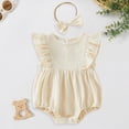 thumbnail image 2 of mgoYE Baby Girl Summer Clothes Newborn Outfit Ruffle Romper Infant Baby Dress Bow Headband Solid Cute Outfits Girls(Beige,6-12 Months), 2 of 7