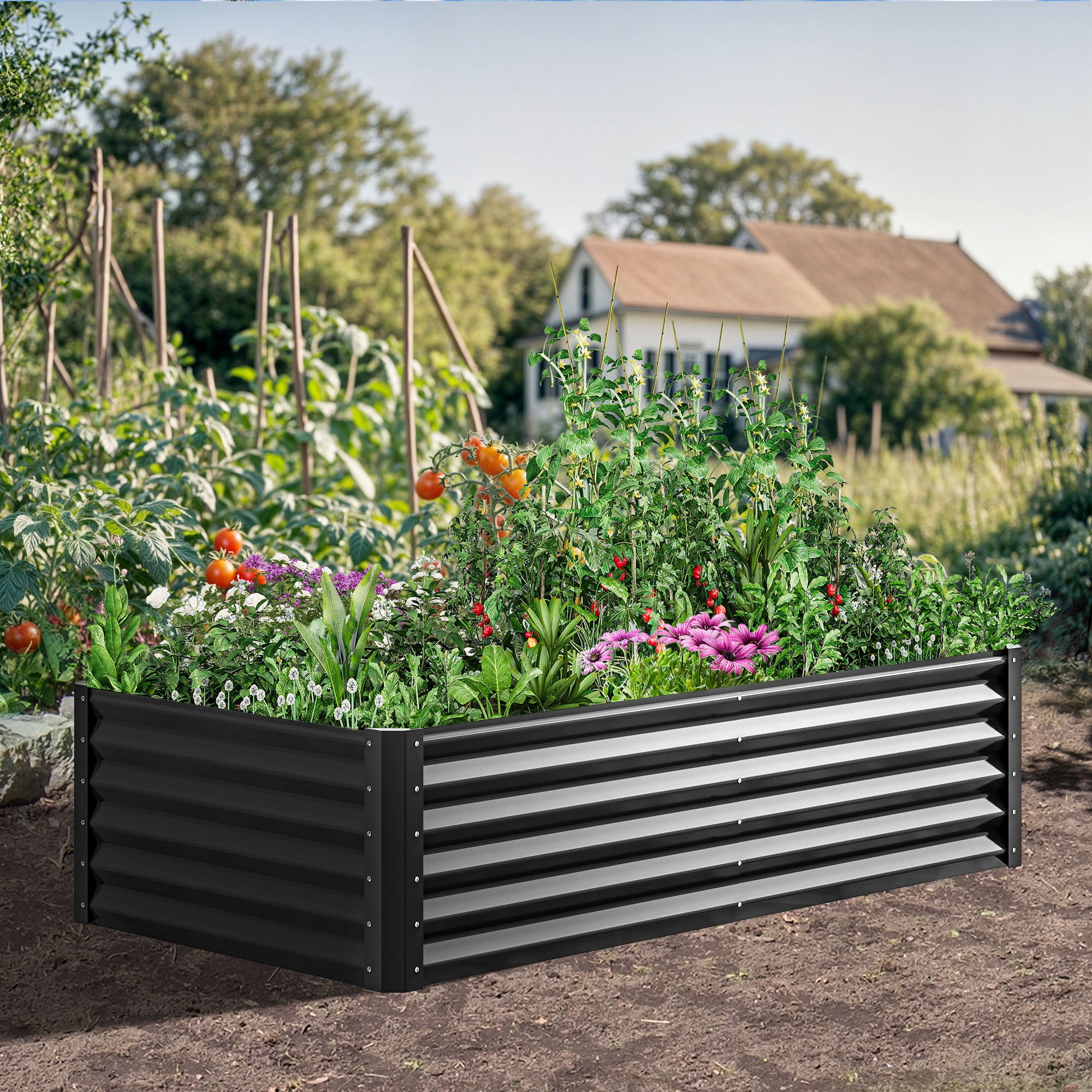 Dextrus 6x3x1.5 Ft Raised Garden Bed Kit with Gloves, Large Galvanized Metal Planter Box, Black