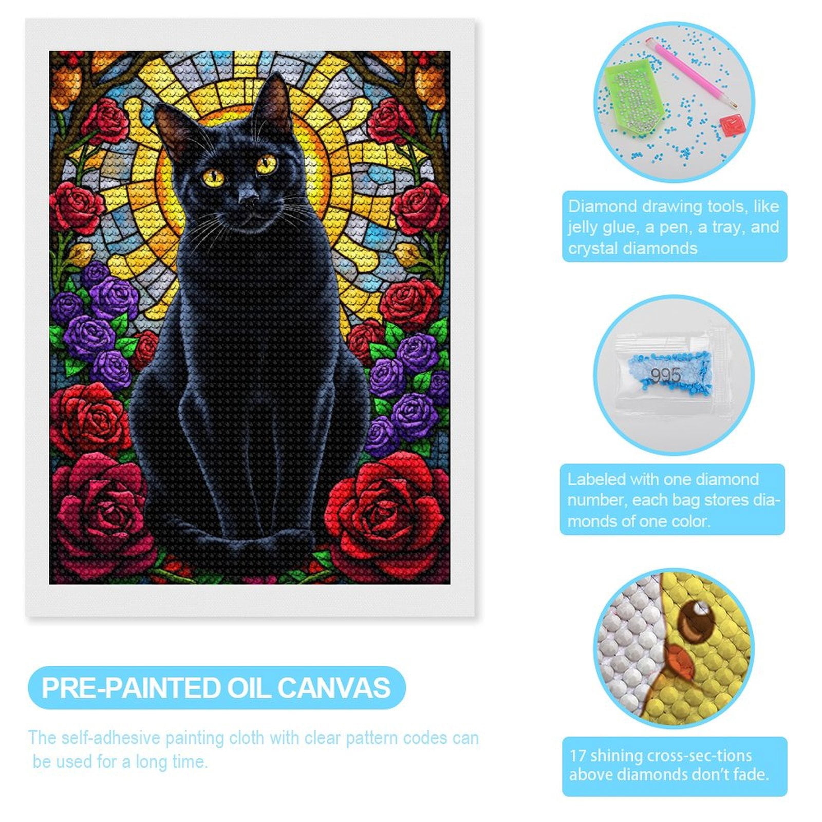 Diamond Art Kits for Adults, Black Cat Stained Glass Roses 5D Diamond Painting Kits for Adults Beginners, DIY Full Drill Diamond Painting, Gem Art and Crafts 12x16