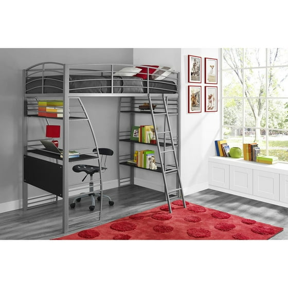 Dorel DHP Studio Twin Metal Loft Bed with Desk and Shelves, Silver