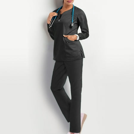 

Women s Long Sleeve V-neck Solid Color Pocket Top Solid Color Trouser Wokers Suit