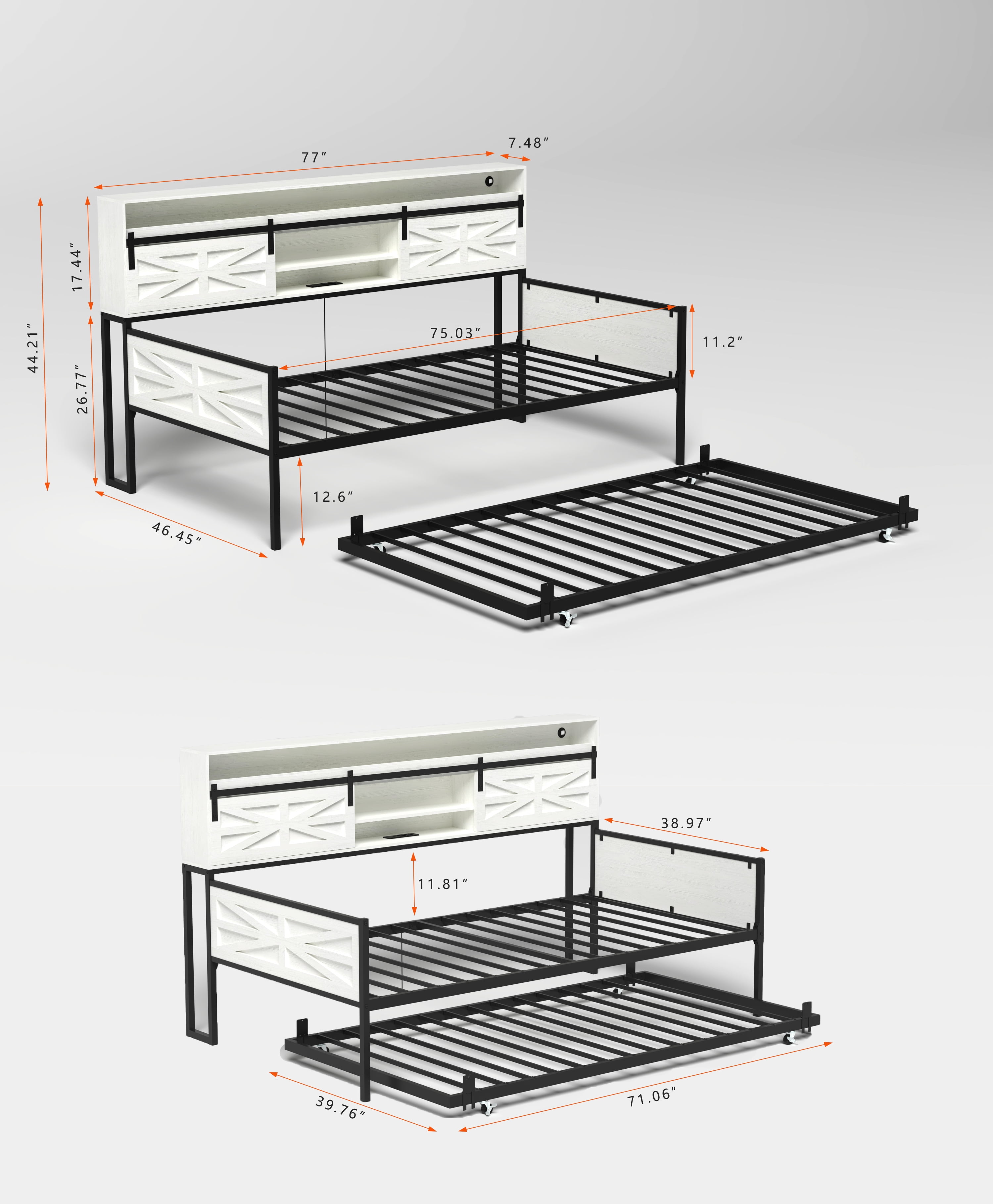 Mintazer Farmhouse Twin Bed Frame with Trundle & RGB LED Headboard, Platform Daybed with Sliding Barn Door Storage for Bedroom & Living Room, White