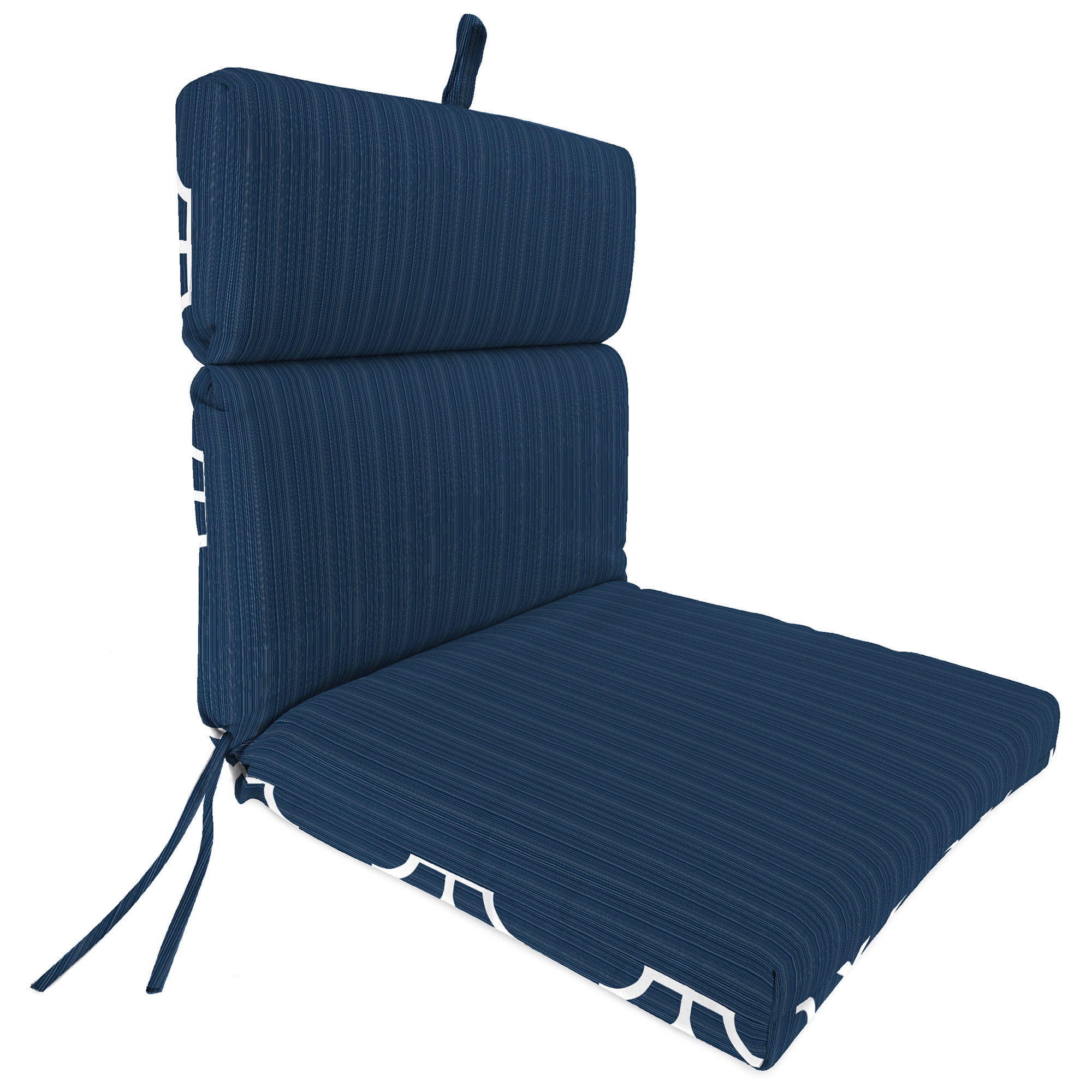 Jordan Manufacturing 44" x 22" Fandango Oceanic Blue Quatrefoil and Chestnut Oceanic Blue Stripe Reversible Rectangular Outdoor Chair Cushion with Ties and Hanger Loop