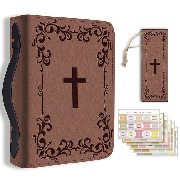 1pc Large Bible Cover 20.3x28.5x5.9cm PU Leather Book Protector Case with Bookmark Brown Damask Print Bible Carrying Case