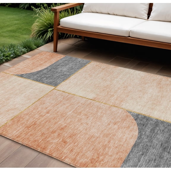 10' X 14' Coral Peach And Gray Abstract Washable Indoor Outdoor Area Rug