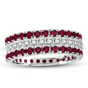 SL COLLECTION 14k White Gold Ruby Diamond 3-piece Eternity Band Ring Set