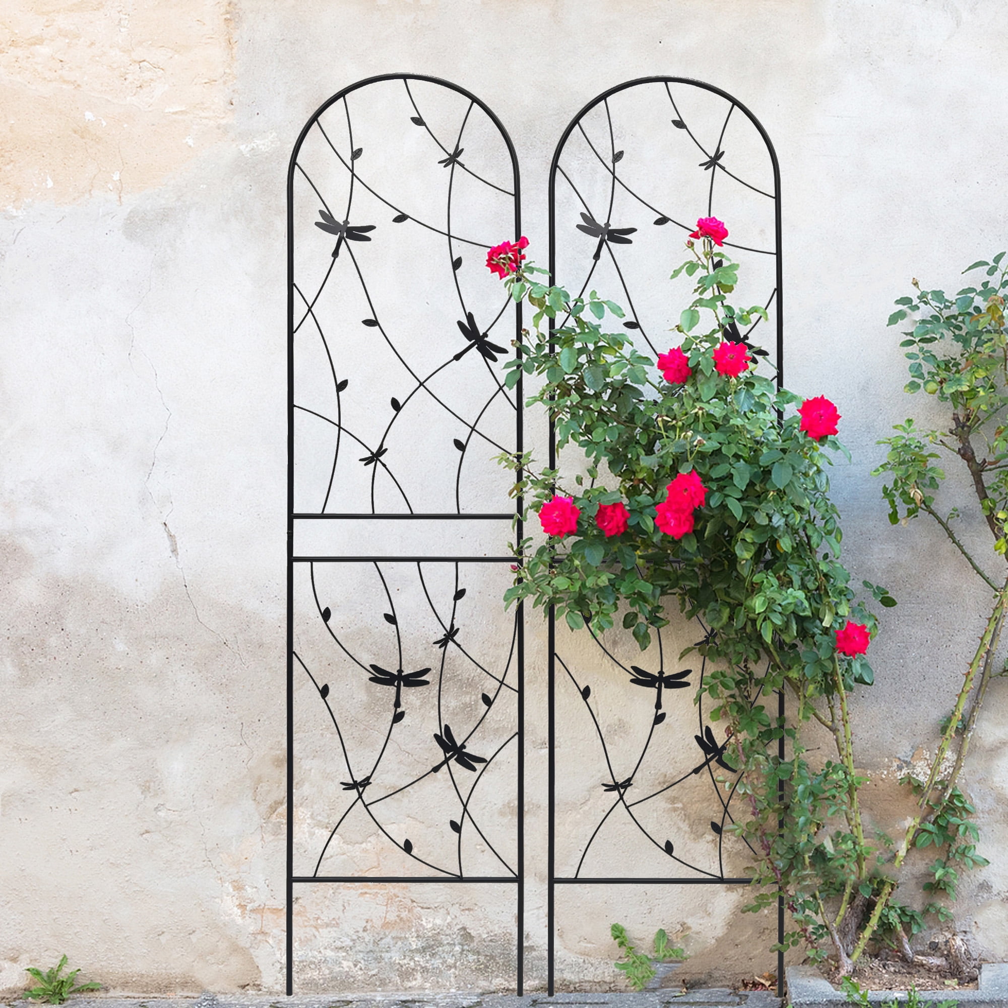 Aukfa Garden Trellis for Climbing Plants, 2 Pack Outdoor Metal Trellis 86.7" x 19.7", Support Dragonfly Decor,Black