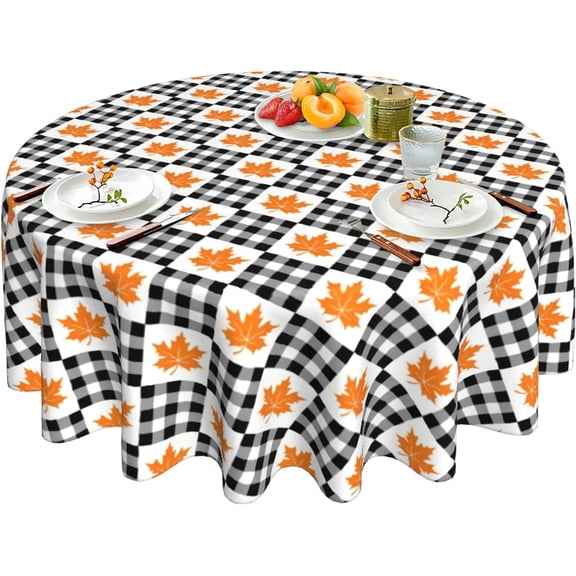 Fall Plaid Tablecloth Black and White Checkered Tablecloth Round 60 Inch Washable Reusable Maple Leaf Tablecloth for Home Parties Dinner Picnic Dining Kitchen Decor