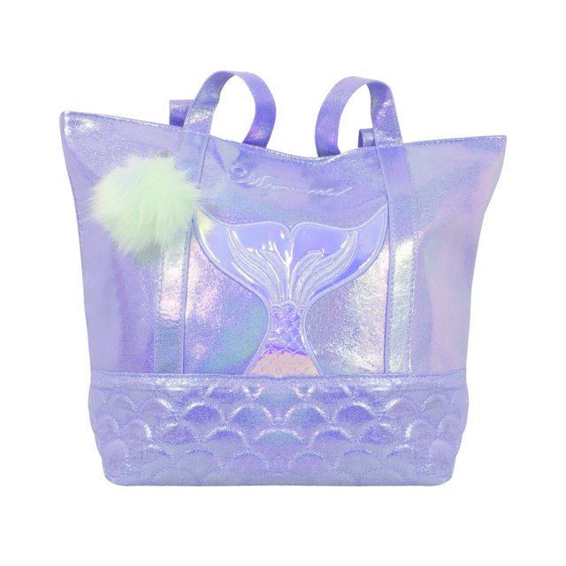 Bolsa Dama La Merced Morado Tornasol Corte Tote Brillante Llavero Pompón