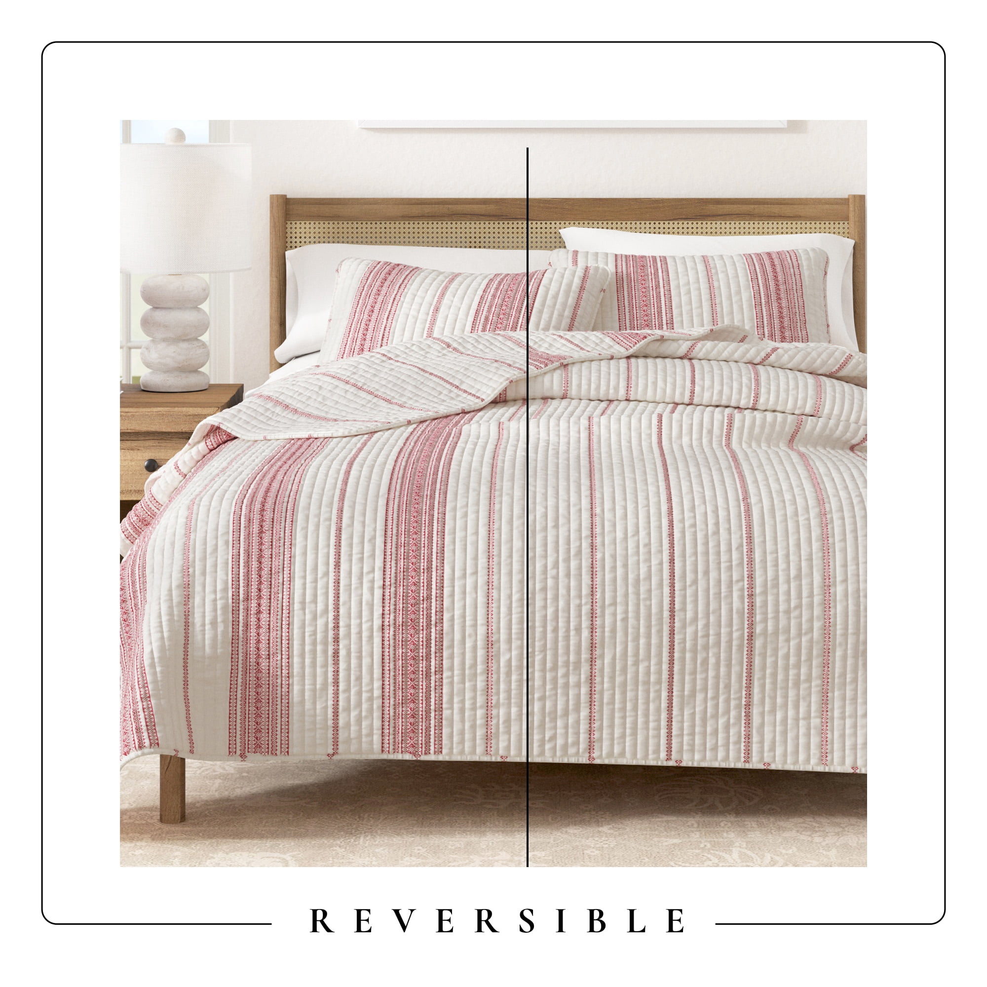 Striped Quilt Set - Lightweight, Soft, All-Season - 3-Piece Reversible Farmhouse Bedding Set (Full / Queen, Cream / Red)