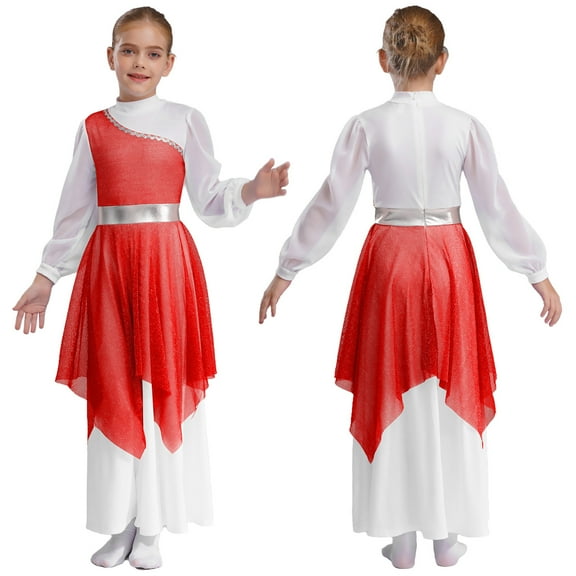 YiZYiF Girls Metallic Color Block Church Praise Dance Dress Long Sleeve Worship Liturgical Tunic Red 8