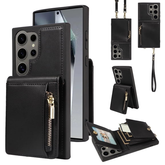 Crossbody Wallet Case for Samsung Galaxy S25 Ultra with Card Holder, RFID-Blocking Phone Case with Zipper Purse Shoulder Strap Lanyard Magnetic Clasp Flip Cover for Samsung Galaxy S25 Ultra, Black