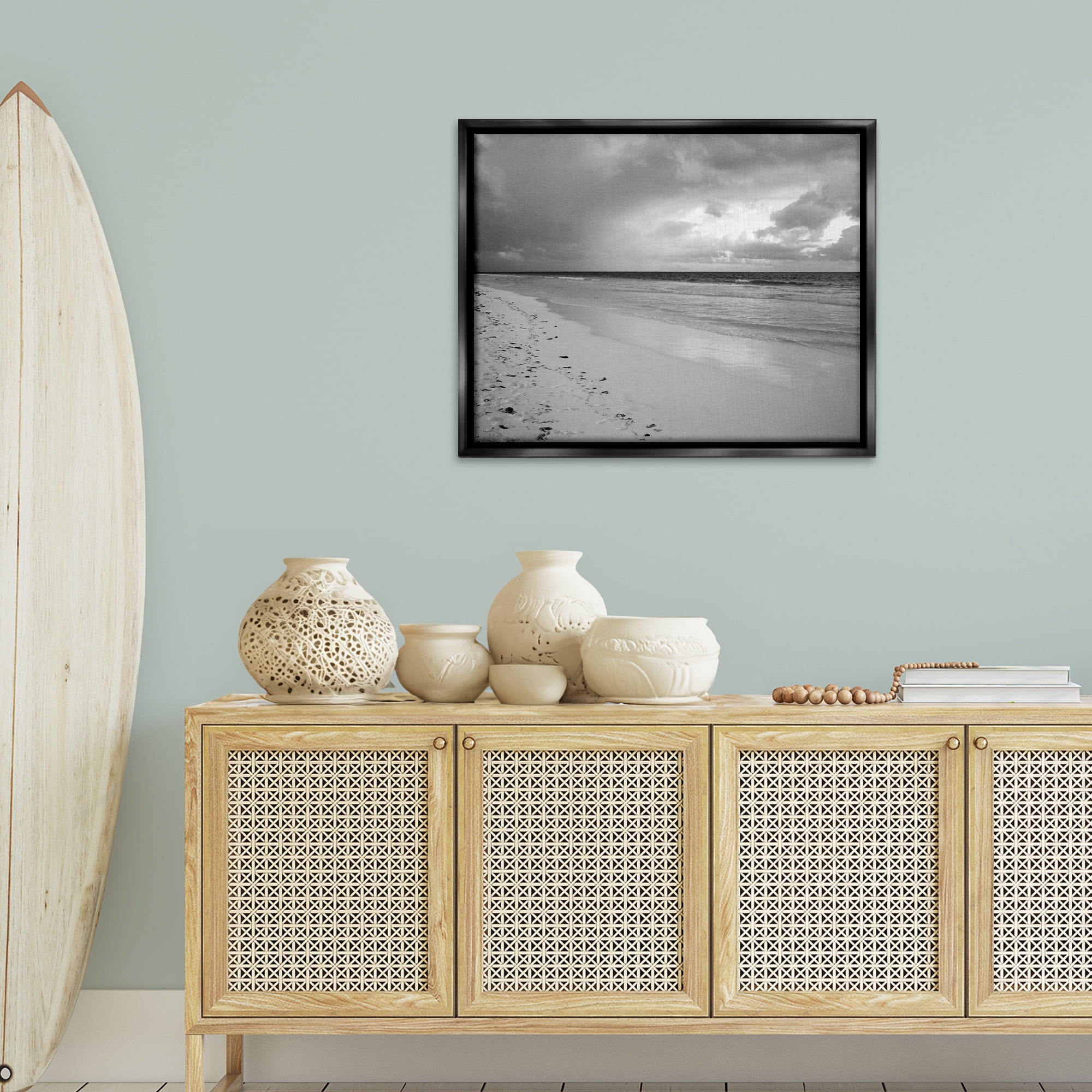 Stupell Industries Beach Shore with Footprints Coastal Photography Black Floater Framed Canvas Art Print Wall Art, 31 x 25
