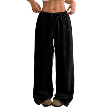 DOKOTOO Palazzo Pants for Women Wide Leg Elastic Waist Linen Pants Casual Loose Lounge Beach Trousers with Pockets