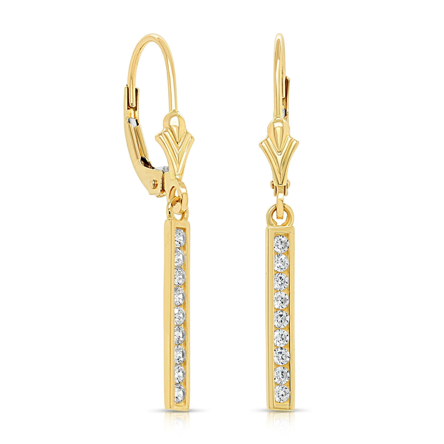 Tilo Jewelry 14K Yellow Gold Channel Set Linear Bar Drop Earrings with Cubic Zirconia CZ Stones | Secure Leaver-Backs | Fancy Earrings for Women & Unisex