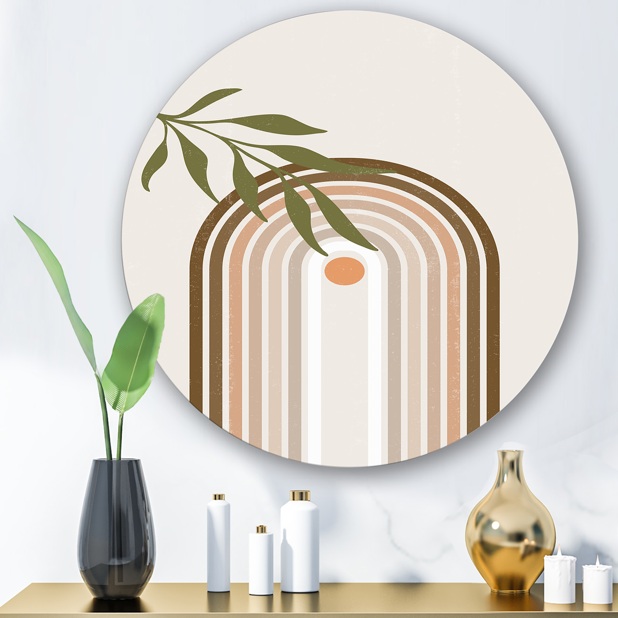 Designart 'Abstract Moon and Sun With Green Leaf I' Modern Circle Metal Wall Art 23x23 - Disc of 23