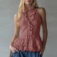 thumbnail image 2 of Craaazy Boho Tops for Women Sleeveless Halter Neck Solid Color Ruffle Trim Button Down Shirts for Everyday, 2 of 7