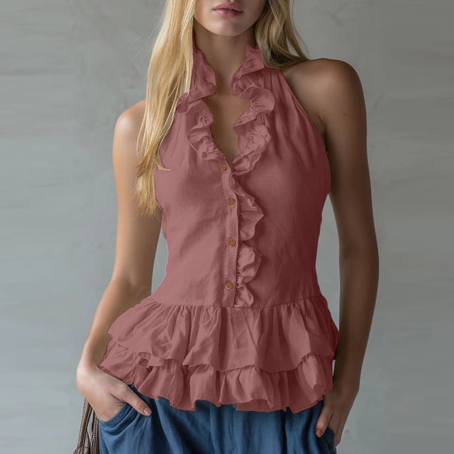 Uootdi Women's Tops Halter Neck Sleeveless Ruffle Trim Tops Party Occasion Lightweight Flowy Cut Comfortable Silhouette Tops Gift