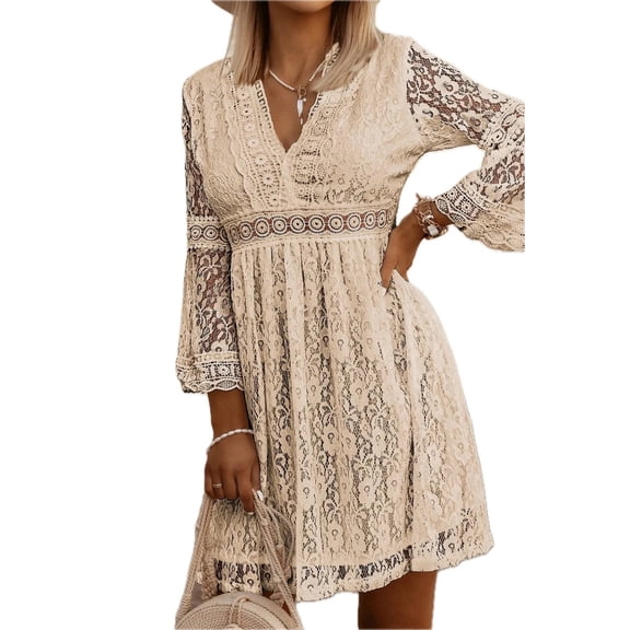 Women's Lace V Neck Three Quarter Sleeve Dress with Sheer Lace Bodice and Smooth Silhouette 95% Polyamide 5% Elastane