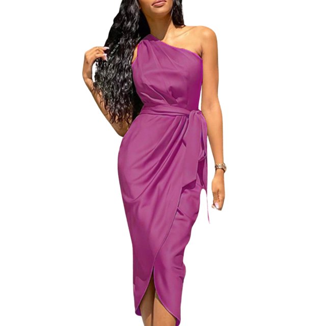 SAYOO Vestido sexy de un solo hombro para mujeres, vestido de adulto de verano sin mangas de color sólido SAYOO moda
