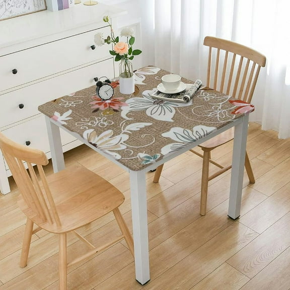 BANET  Vinyl Table Cloth Cover Small Square Table, Waterproof Oilcloth Tablecloth, Wipeable Tablecloths for Parties Card Table, Outdoor, Camping Tan Floral white
