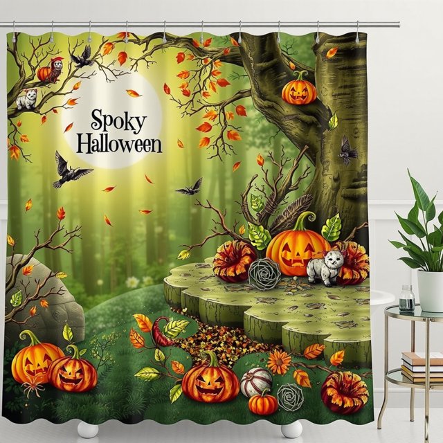 Rideau de Douche Fantaisiste de Forêt d'Automne avec Thème d'Halloween Effrayant