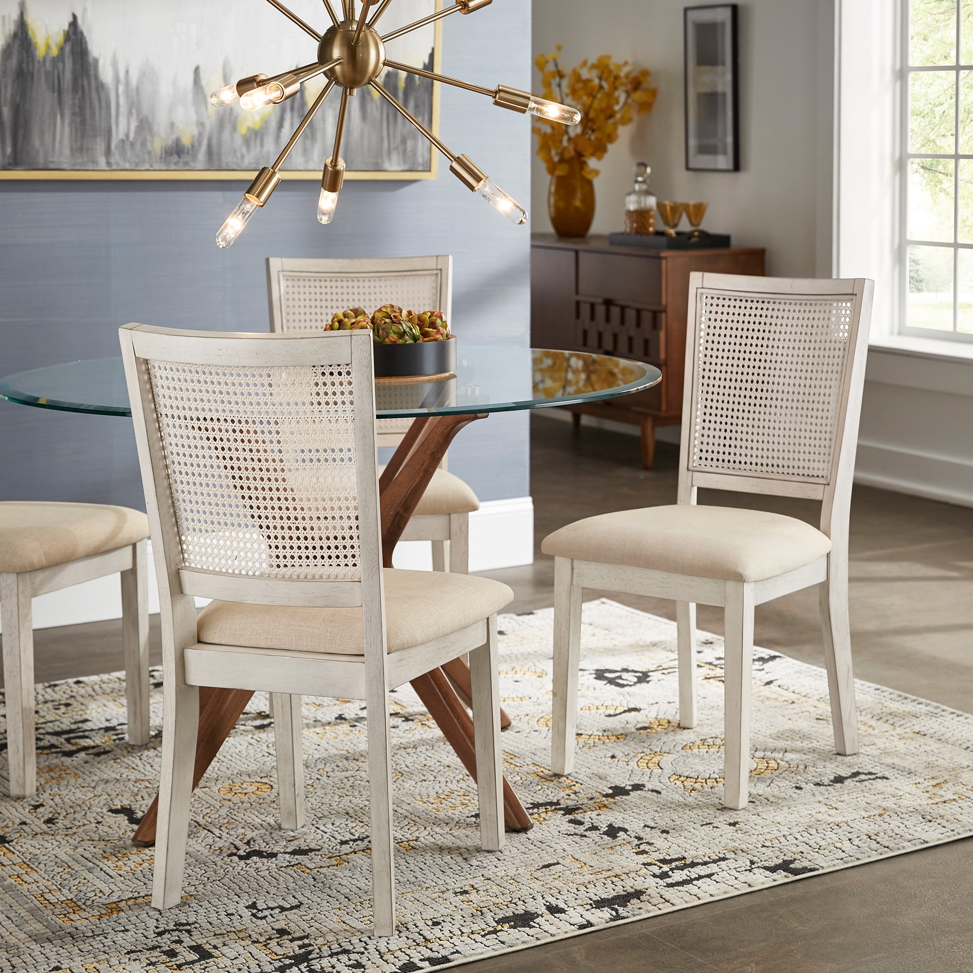 Weston Home Farmhouse Rattan Back Beige Seat Wood Dining Chairs, Set of 2, Antique White