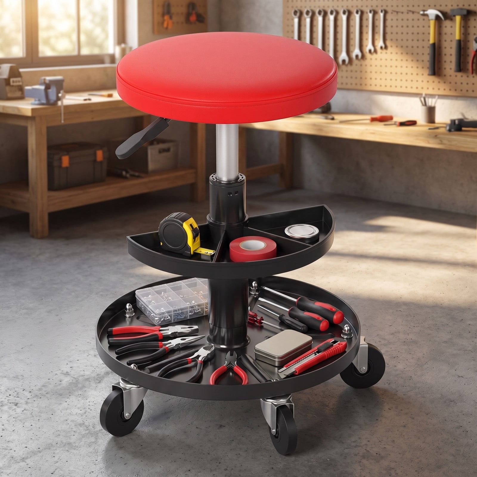 Furnibear Rolling Mechanic Stool with Wheels, 16.5-22 in Adjustable Height Swivel Shop Stool, 2-Tier Tool Trays, PU Leather Padded Seat, 360 Degree Casters, 265, Red
