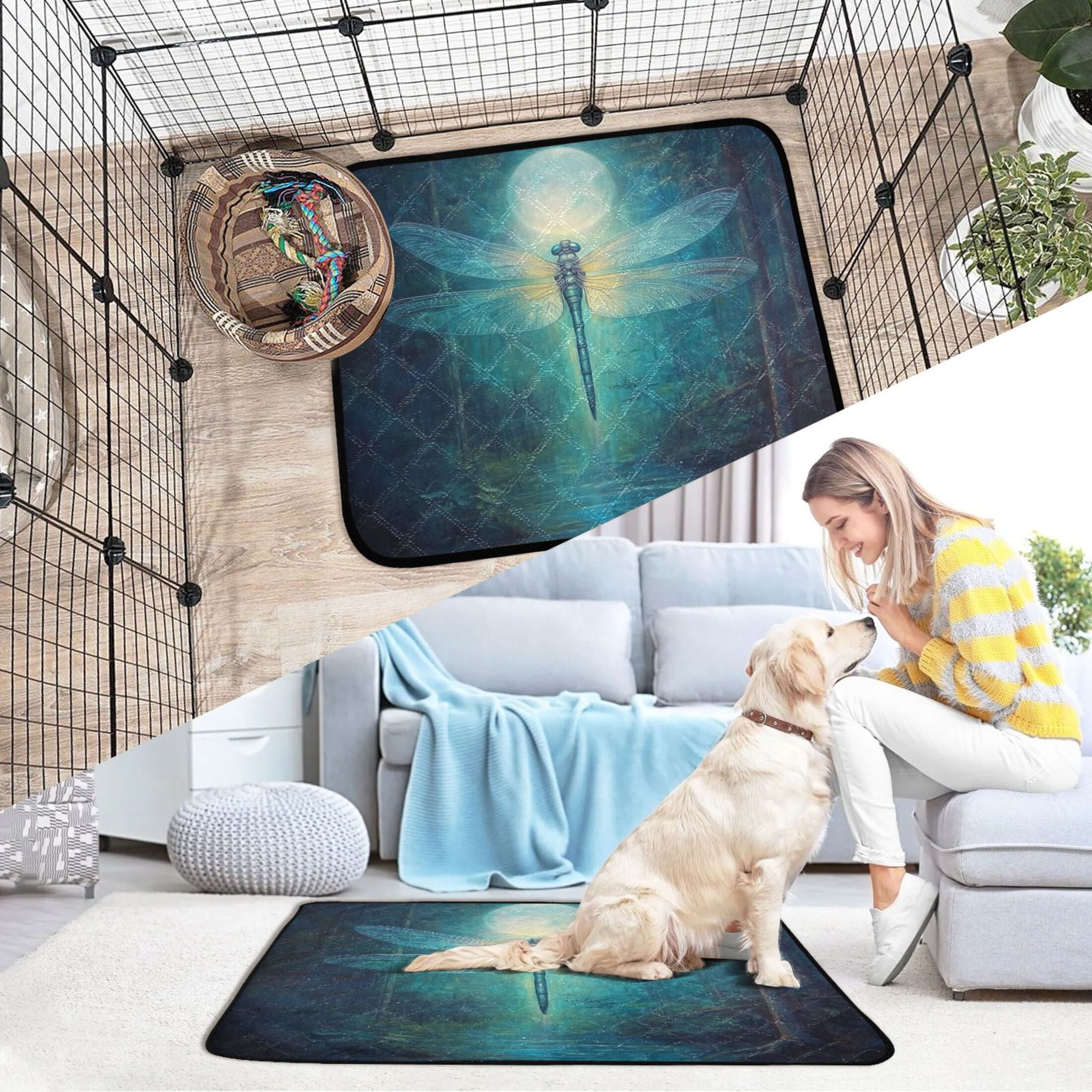 Qxltty Tranquility Dragonfly Cat litter Pads Pet Set of 3 Diaper Mats Center Anti-leakage Layer Absorbent Soft and Comfortable