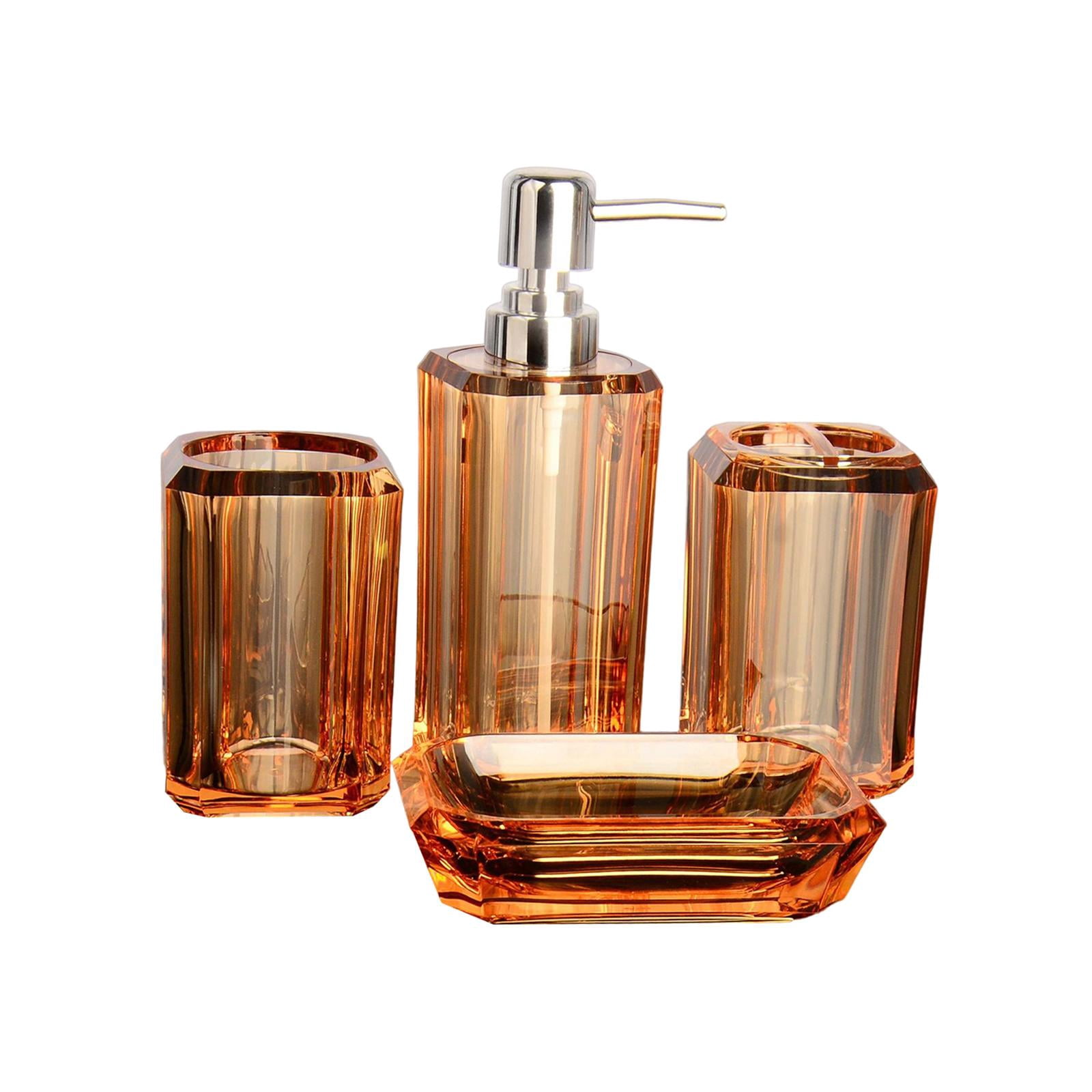 FashionCha 4 Bath Accessory Soap Dispenser Clear Lotion Bottle Vanity Accessory Set Toilet Light Brown