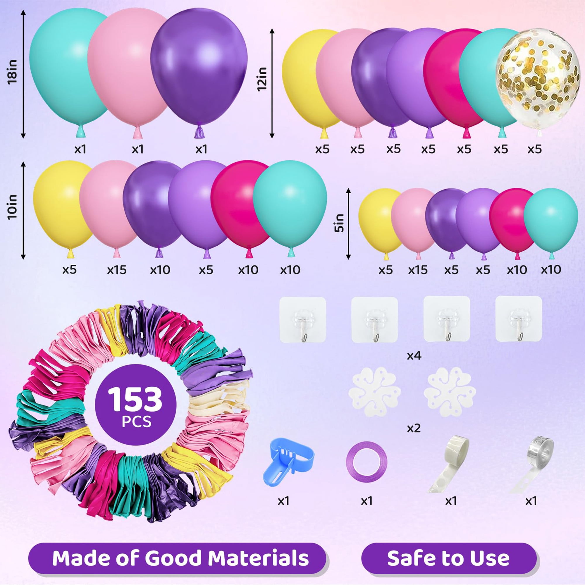 Party Balloon Garland Arch Kit, 153 Pieces In 18,12,10,5 Inch Sizes, Latex, Metallic, Confetti Balloons For Birthday, Engagement, Shower, Graduation Event, Purple, Blue, Pink, Teal, Yellow