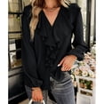 thumbnail image 3 of Blusa De Manga Larga, Diseño De Empalme De Encaje Con Volantes, Tela Suave Para Mujer, Parte Superior Informal, Puños Elásticos, Color Puro Para El Día A Día Para Citas ANGGREK Otros, 3 of 8