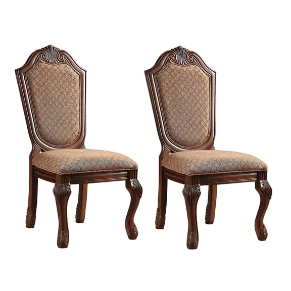 JERFIT Traditional Queen Anne Side Chairs Set of 2, Solid Wood Dining Chairs with Beige Fabric Upholstery and Cherry Finish