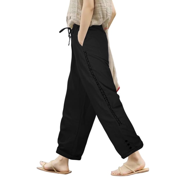 Pantalones palazzo con cintura elástica para mujer: detalle de encaje, cordón, pierna ancha con bolsillos, pantalones informales para todas las estaciones
