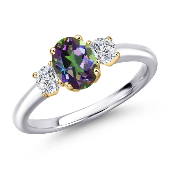 Gem Stone King 10K Two Tone Gold Green Mystic Topaz and Lab Grown Diamond Engagement Ring for Women | 1.34 Cttw | Oval 7X5MM | Gemstone November Birthstone | Size 5