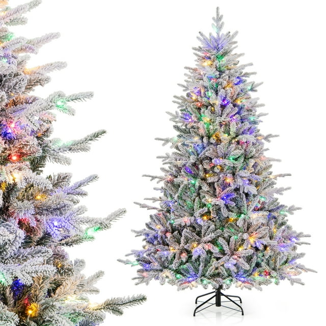 Patiojoy 7 FT Snow Flocked Artificial Christmas Tree Hinged Pre-lit Xmas Tree w/ 1164 Branch Tips 350 Multi-Color LED Lights 8 Lighting Modes