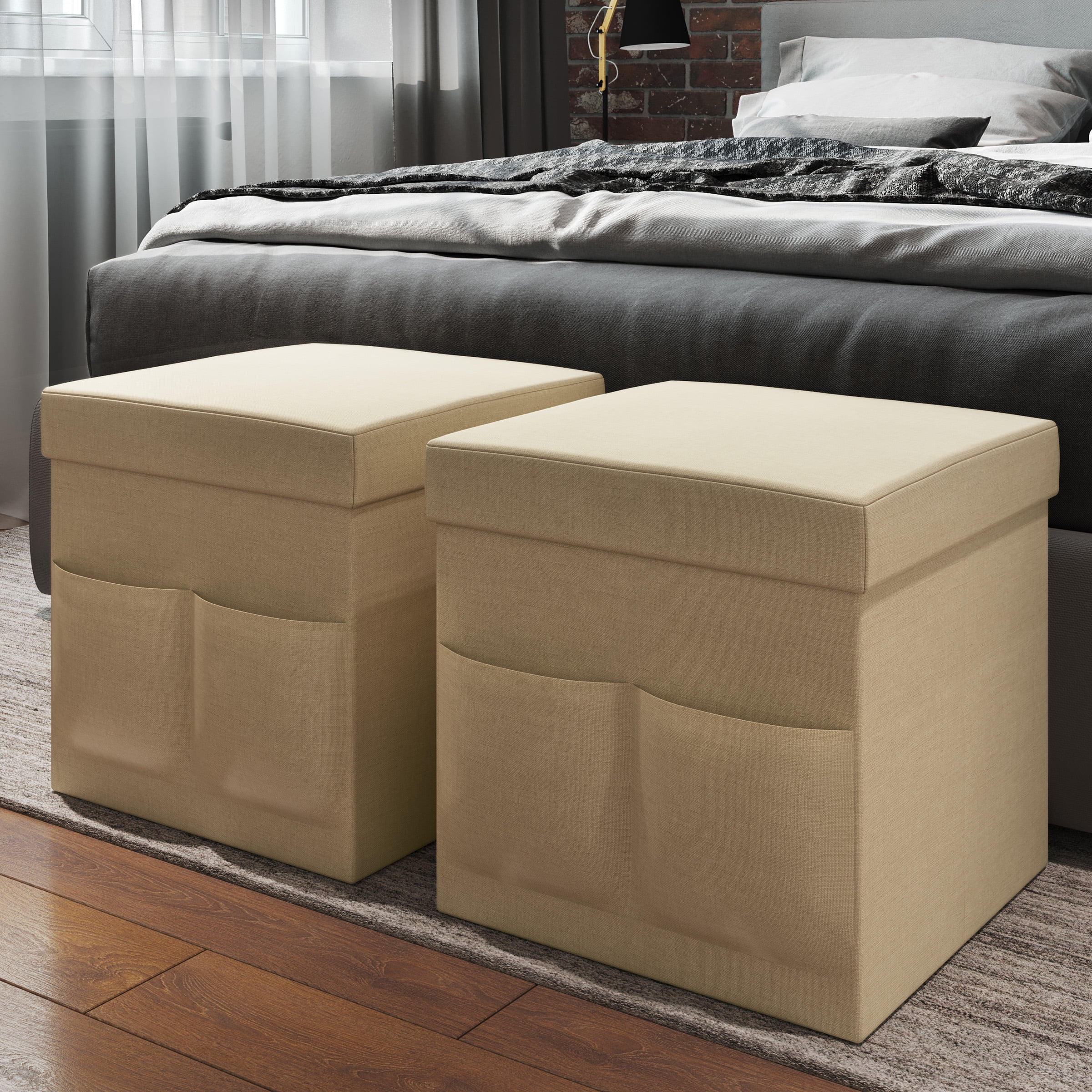 Lavish Home Set of Two 15-inch Foldable Ottomans with Storage Pockets, Beige