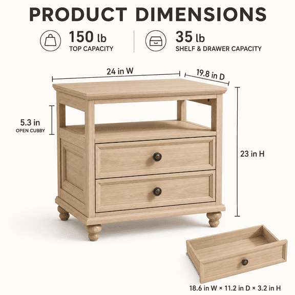 24" Farmhouse Nightstand with Charging Station and 2 Drawers, Natural Wood Bedside Table, End Table Storage Cabinet for Bedroom and Living Room