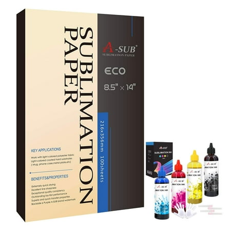 A-SUB 100 Sheets Sublimation Paper 8.5x14 inches + 4x 120ml DYE Sublimation Ink Compatible with Epson Inkjet Printer