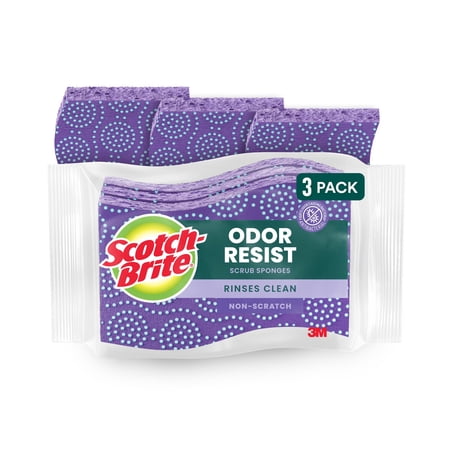 Scotch-Brite Odor Resist Scrub Sponges, Non-Scratch, Rinses Clean, 3 Pack