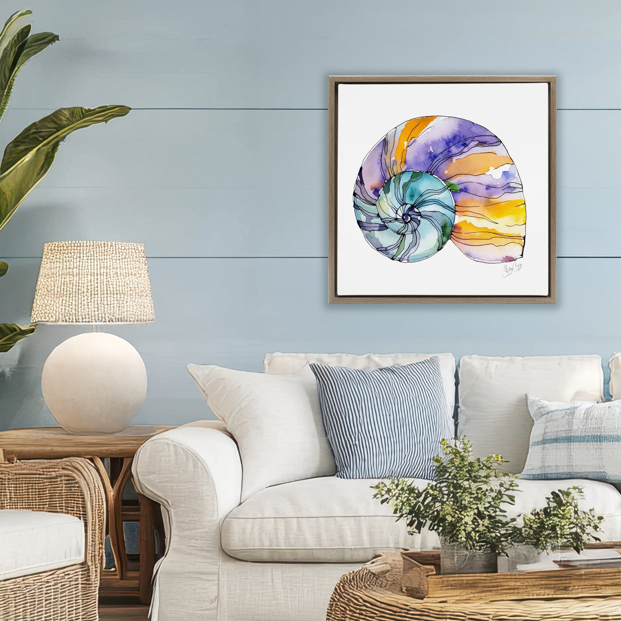 Stupell Industries Sunlit Striped Nautilus Brown Framed Floater Canvas Wall Art, design by Shelly Craig
