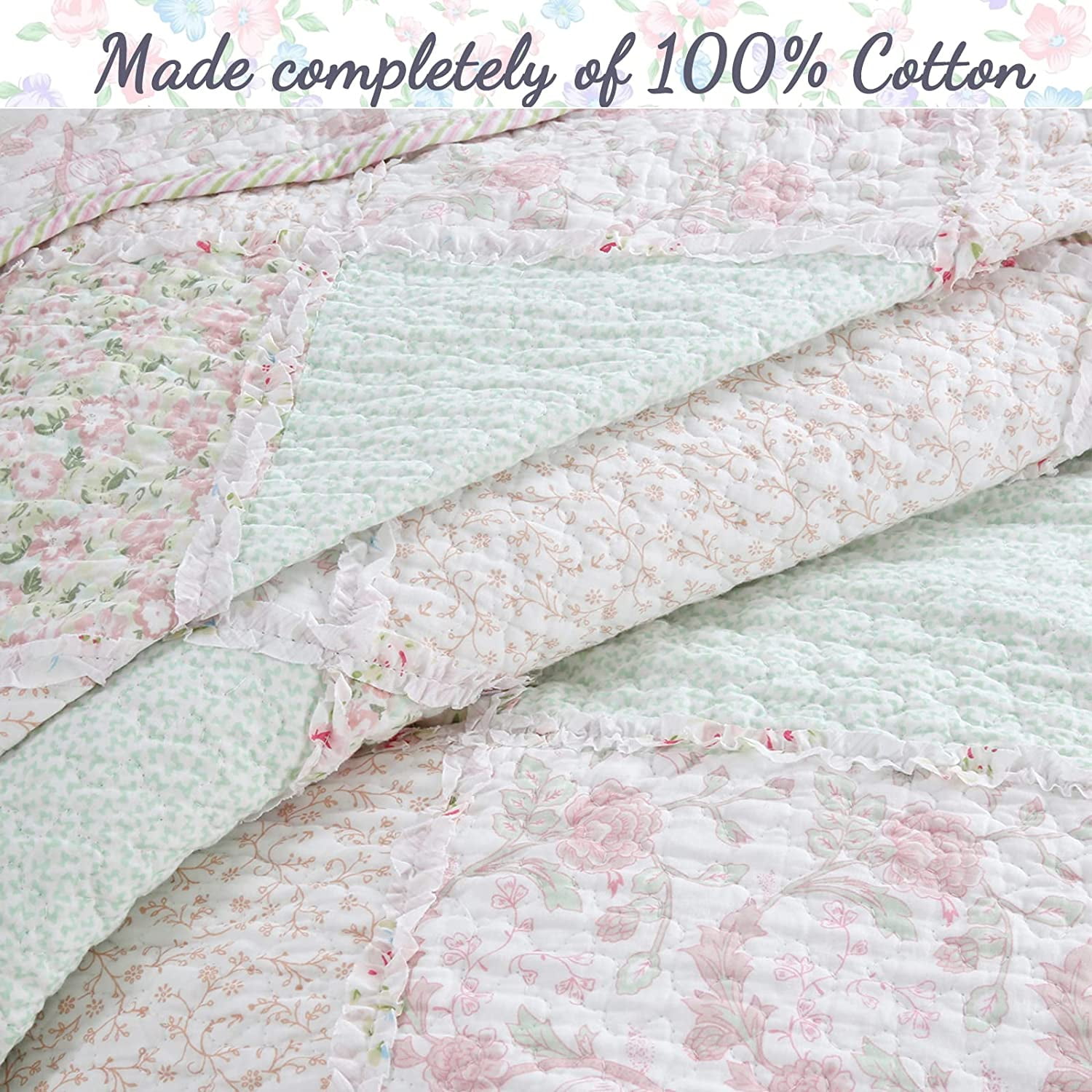 Cozy Line Pink Rosa Floral Real Patchwork 100% Cotton 2-Piece Reversible Quilt Bedding Set, Twin