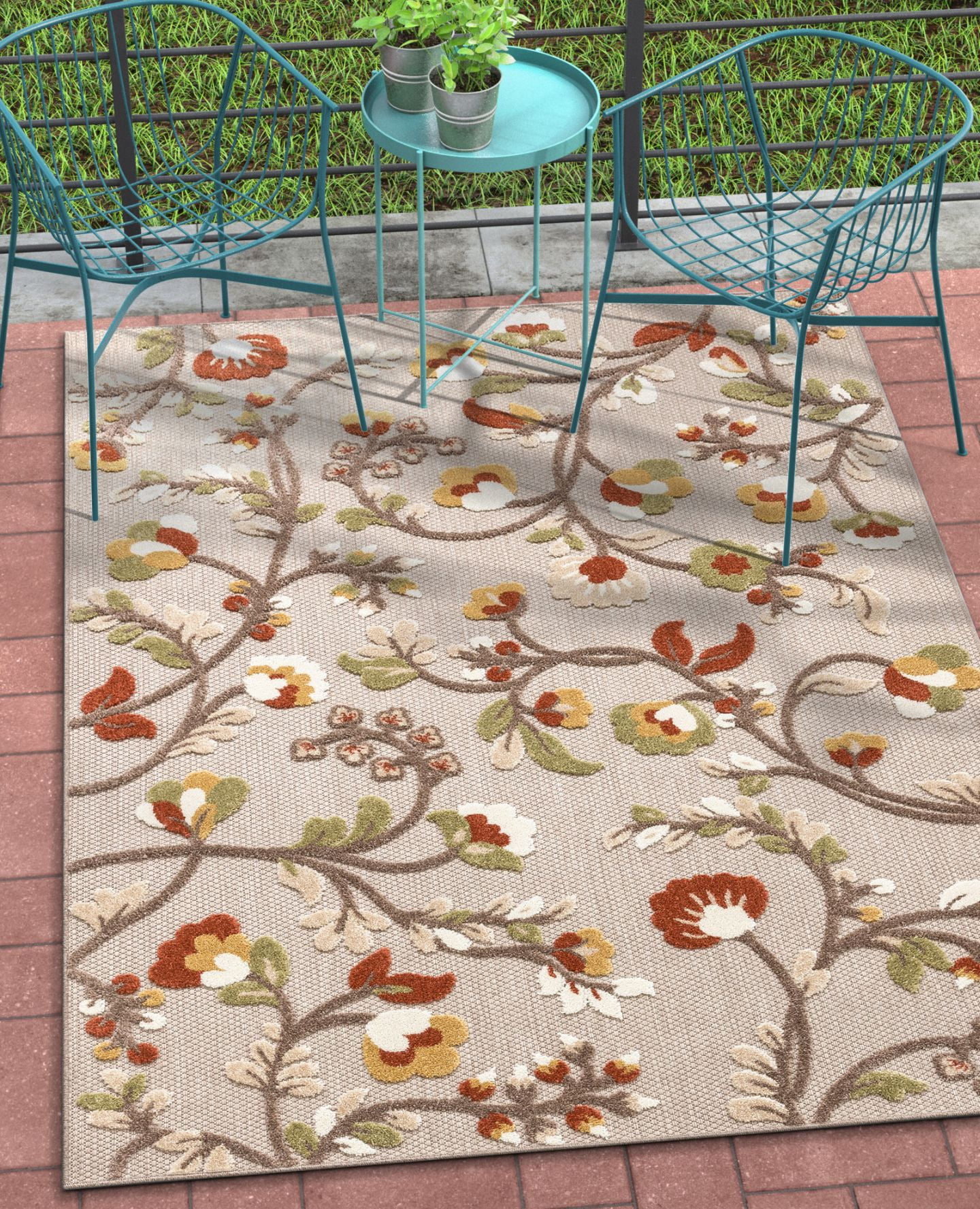 Well Woven Darla Floral Beige Indoor/Outdoor Area Rug High Traffic