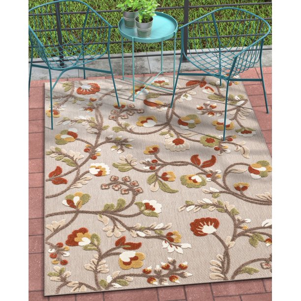 Well Woven Darla Floral Beige Indoor/Outdoor Area Rug High Traffic