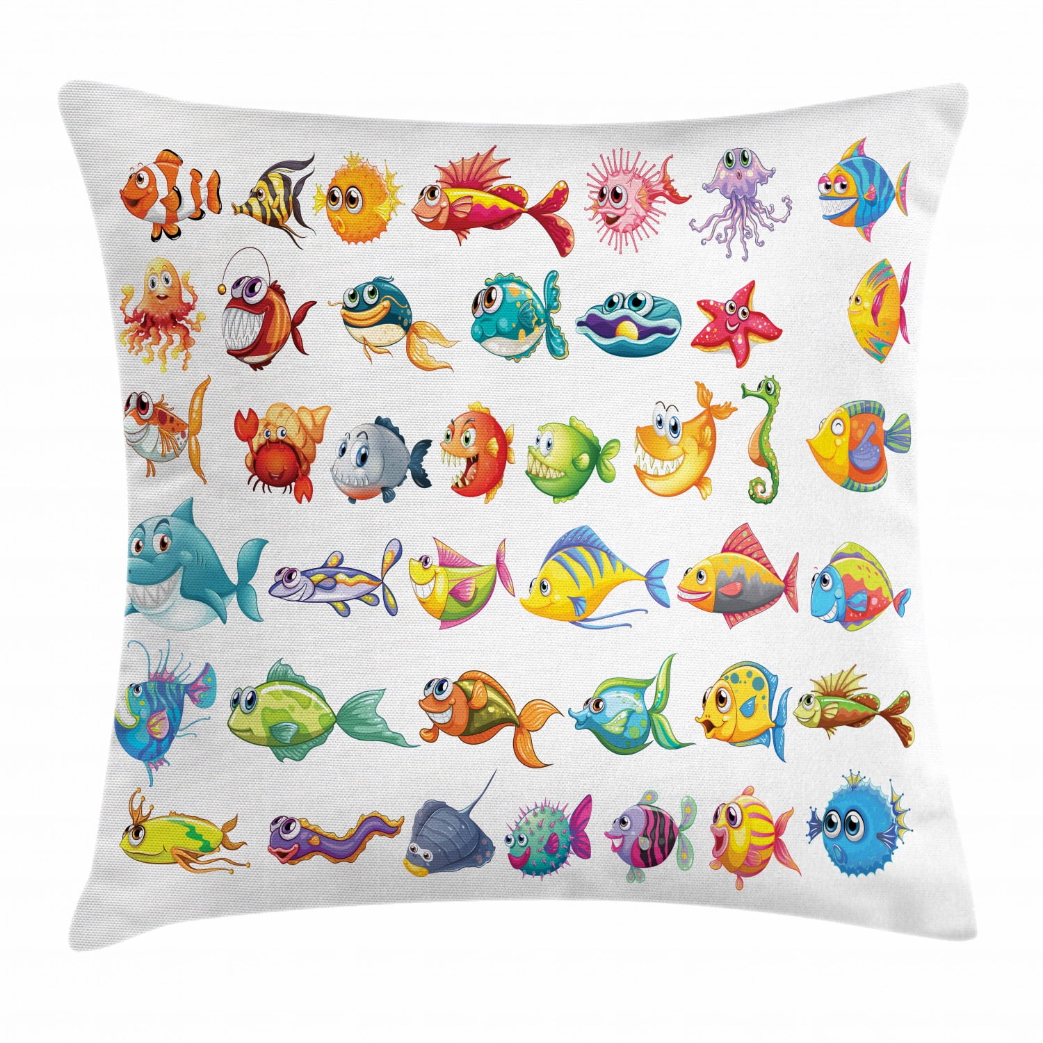 Fish Throw Pillow Cushion Cover, Collection of Sea Creatures Cartoon